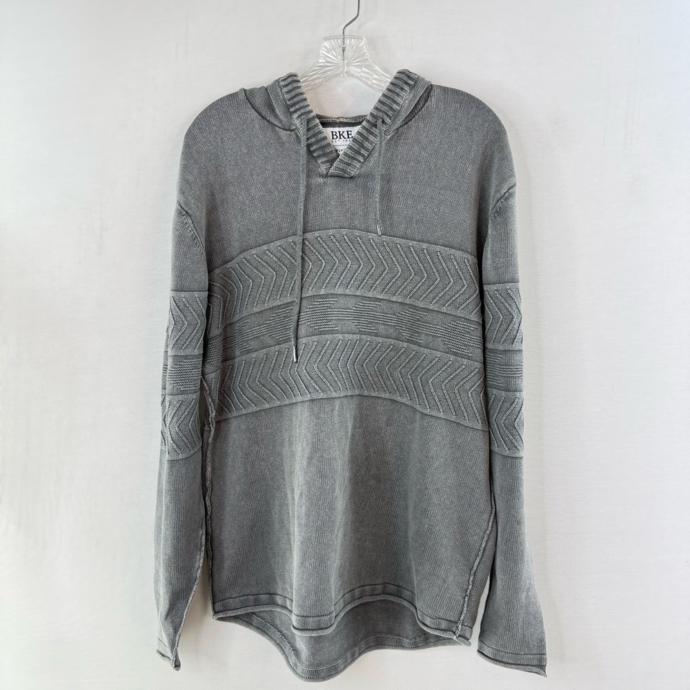 BKE Men's Gray V-Neck Hoodie Sweater with Textured Pattern XL
